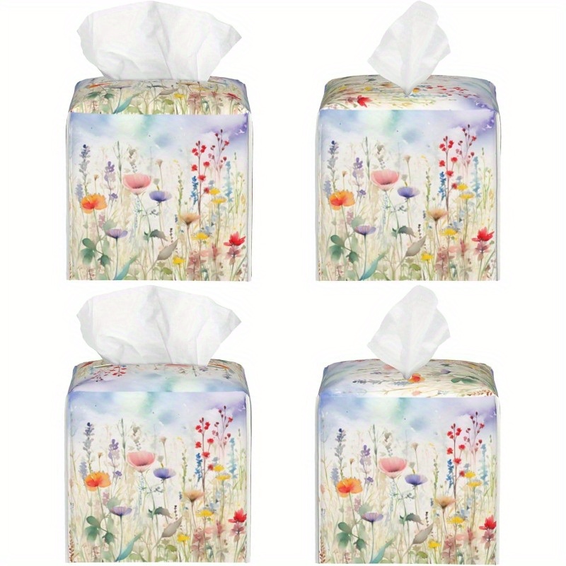 waterproof pvc leather watercolor floral tissue box cover square decorative holder with multicolor flowers fit for bathroom home car office portable tissue dispenser organizer 5 2x5 2x5 2in ideal gift for housewarming birthdays Product details 1