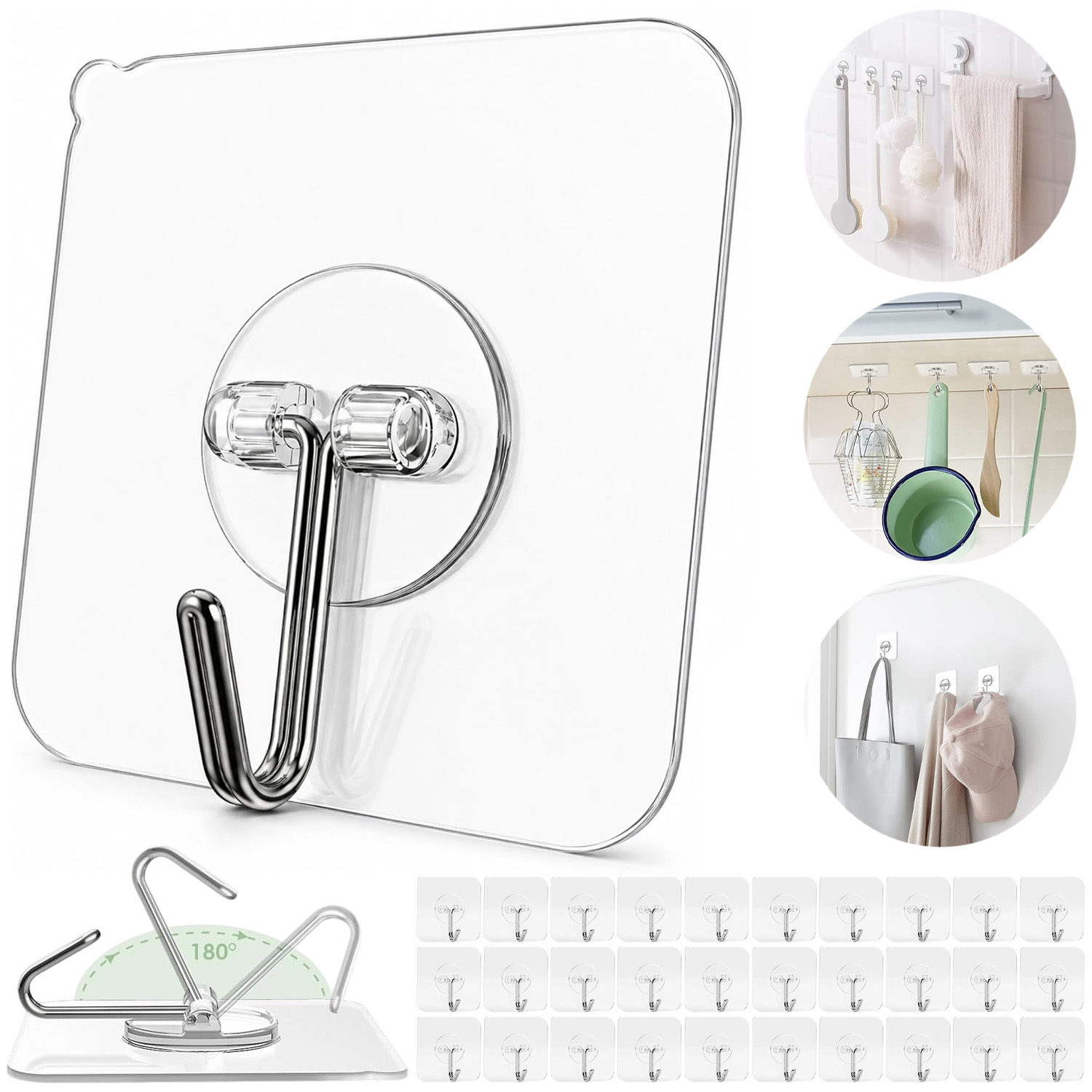Image of Indoor Home Organizing Wall Hook Set Of 30pcs, Transparent Adhesive Punch-free Damage-free Sticky Hangers With 10lbs