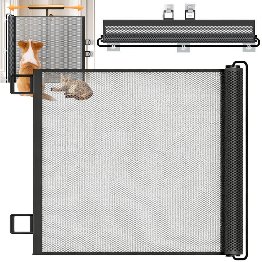 Image of Retractable Pet Gate 130×78cm No Drill, Mesh Safety Gate For Dogs And Cats, Portable Indoor Stair Gate For Doorways, Kitchen, Bedroom, Living Room