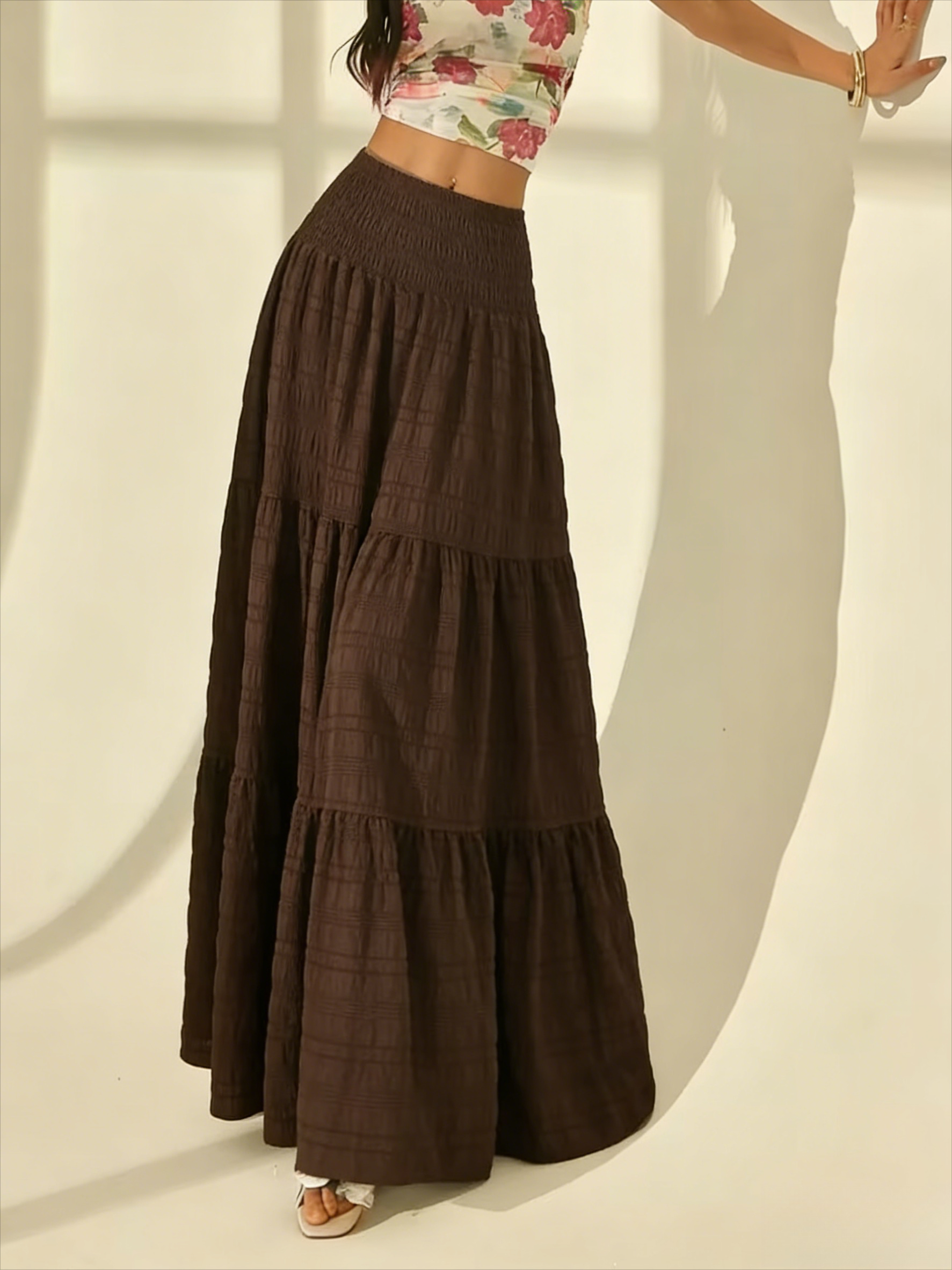 womens textured fabric oversized skirt solid color pleated waist   hem a line maxi skirt   vacations and summer