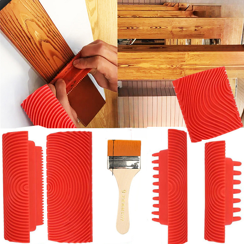 TEMU 6 Juegos de Rodillo de Pintura de Goma con de Madera, Juego de Herramientas de Rodillo para Pintar Patrones de para Pared, Piso, Puerta, Valla,