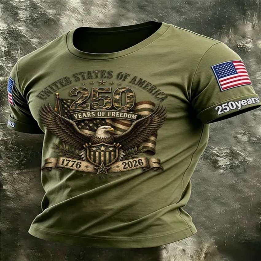 Image of Unisex Men Green Camo Usa Eagle 250th Anniversary Crew Neck T-shirt Breathable Patriotic Short Sleeve Gift For American Fans Tops
