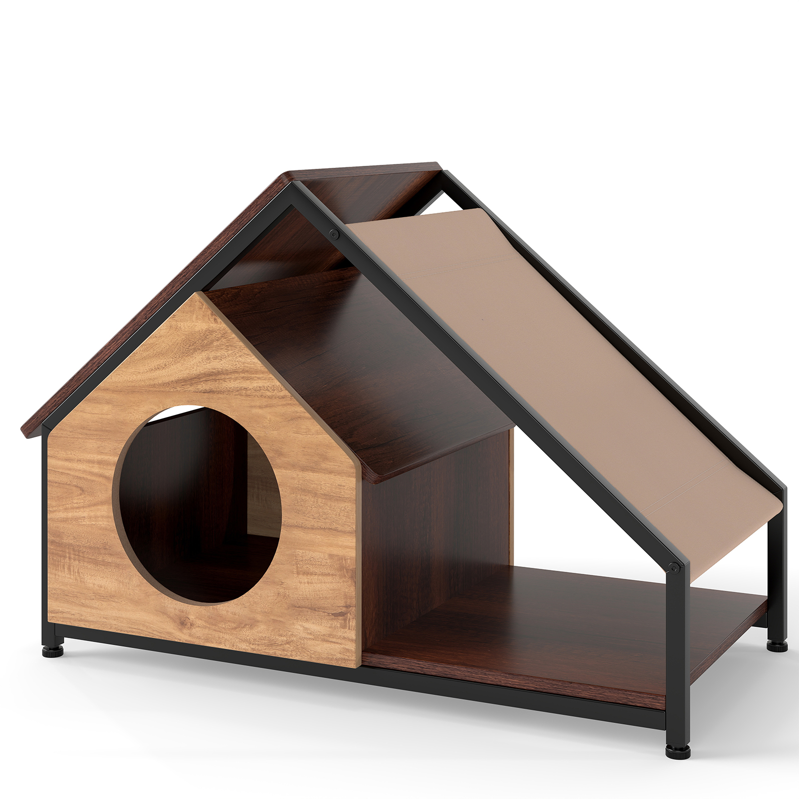 Image of Wooden Cat House For Indoor Cats | Kitty Condo Furniture With Porch, Detachable Slope Roof & Metal Frame, Industrial Kitten Villa Enclosure By Goflame