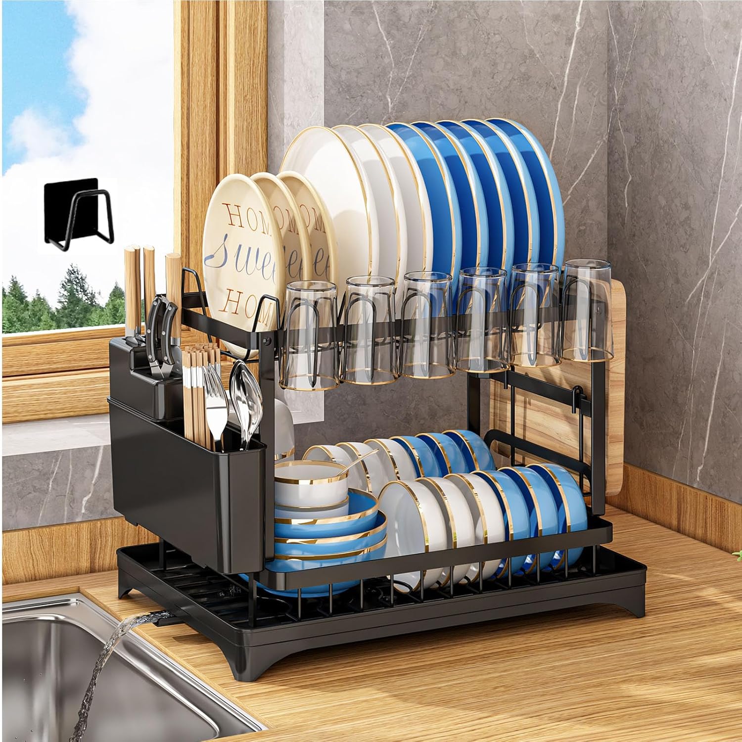 TEMU Dish Drying Rack, Large Capacity Dish Drainer, Stainless Steel Dish Drying Rack With 360° Drainage, Sink Drying Rack With Board Holder In Black,