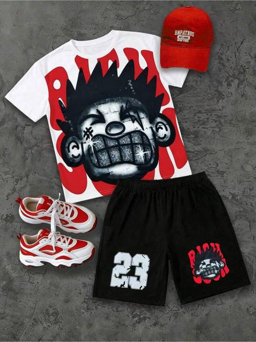 2pcs set suitable for boys and teenagers y2k style short sleeve shorts set fashionable streetwear ideal for daily wear casual sports style for outdoor