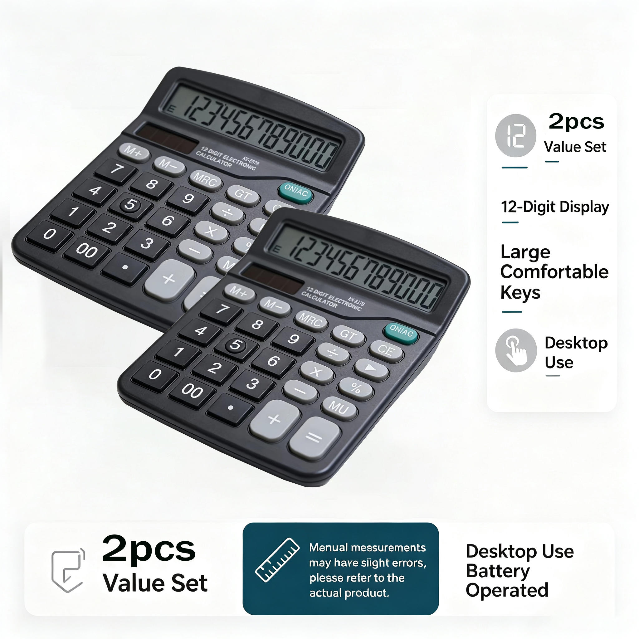 TEMU Kk-837b 12-digit Desktop Electronic Calculator, 2-pack, Supply (solar + Battery), Large Lcd Display, , Suitable For Office, Home , And Daily