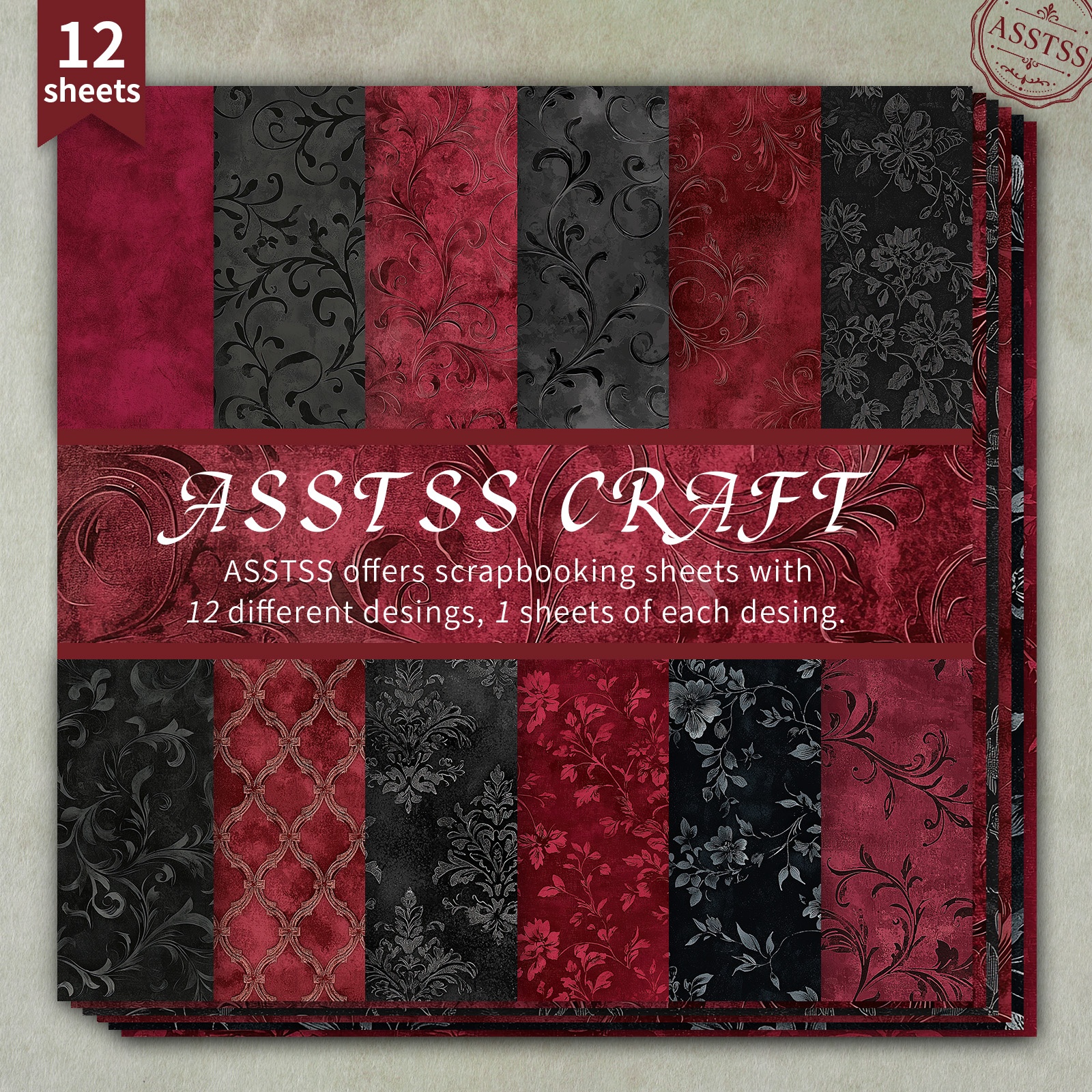 TEMU Lot de 12 feuilles de papier scrapbooking ASSTSS de 6X6 pouces, papier de base de style européen avec texture florale vintage rouge vin et noir
