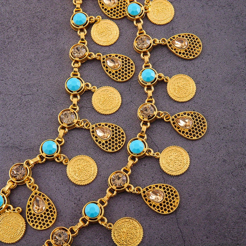 [Bohemian Waist Chain Necklace] NEULRY Women's Bohemian Retro Tassel Waist Chain Necklace - Vintage-Inspired Golden-Tone Metal with Turquoise & Clear Gemstones, Adjustable Headpiece & Waist Chain for Daily Wear, Parties, Weddings, Bohemian Jewelry, Party Accessory, Vintageinspired Design, Intricate Beaded Detail