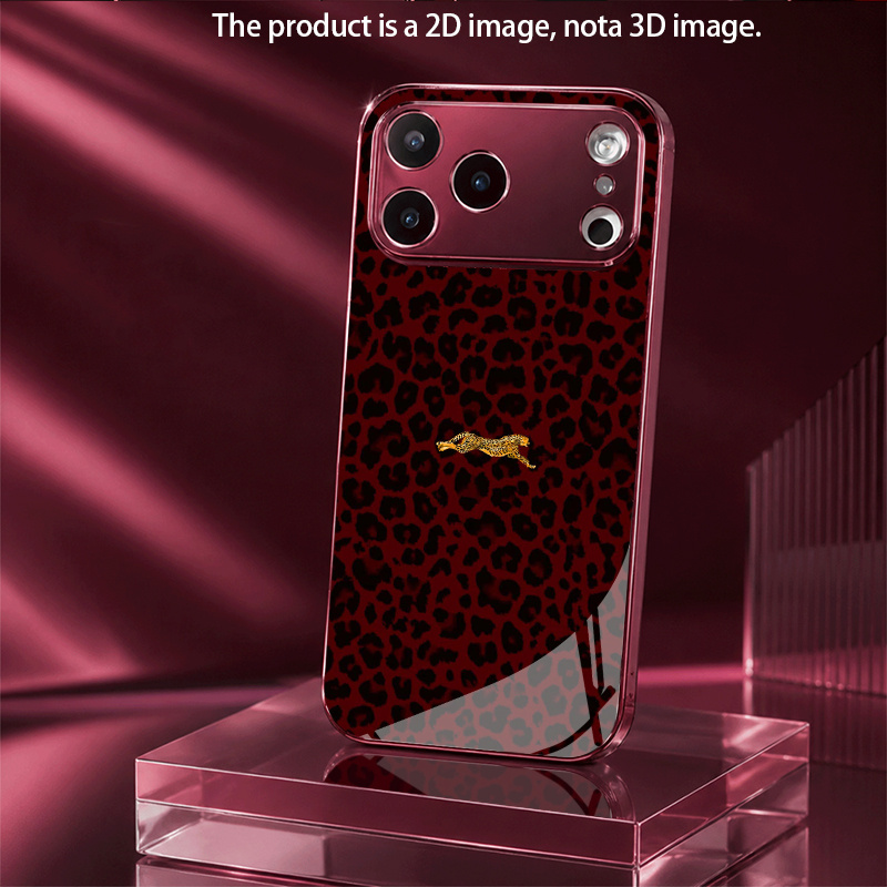 TEMU Phone Case: Wine Red Electroplated Tempered Glass Phone Case With A Dynamic Leopard Print Design On A 2d Flat Leopard Background. Suitable For