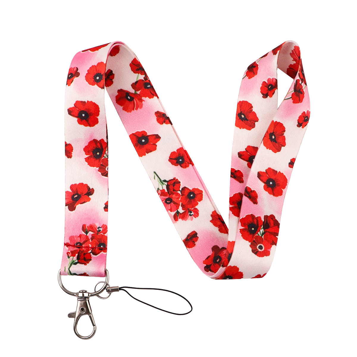 TEMU 1 pièce Dragonne Fleur de Coquelicot Rouge - Porte-clés Sangle de Cou à Imprimé Floral Vintage avec Porte-Carte d'Identité pour Femmes Hommes