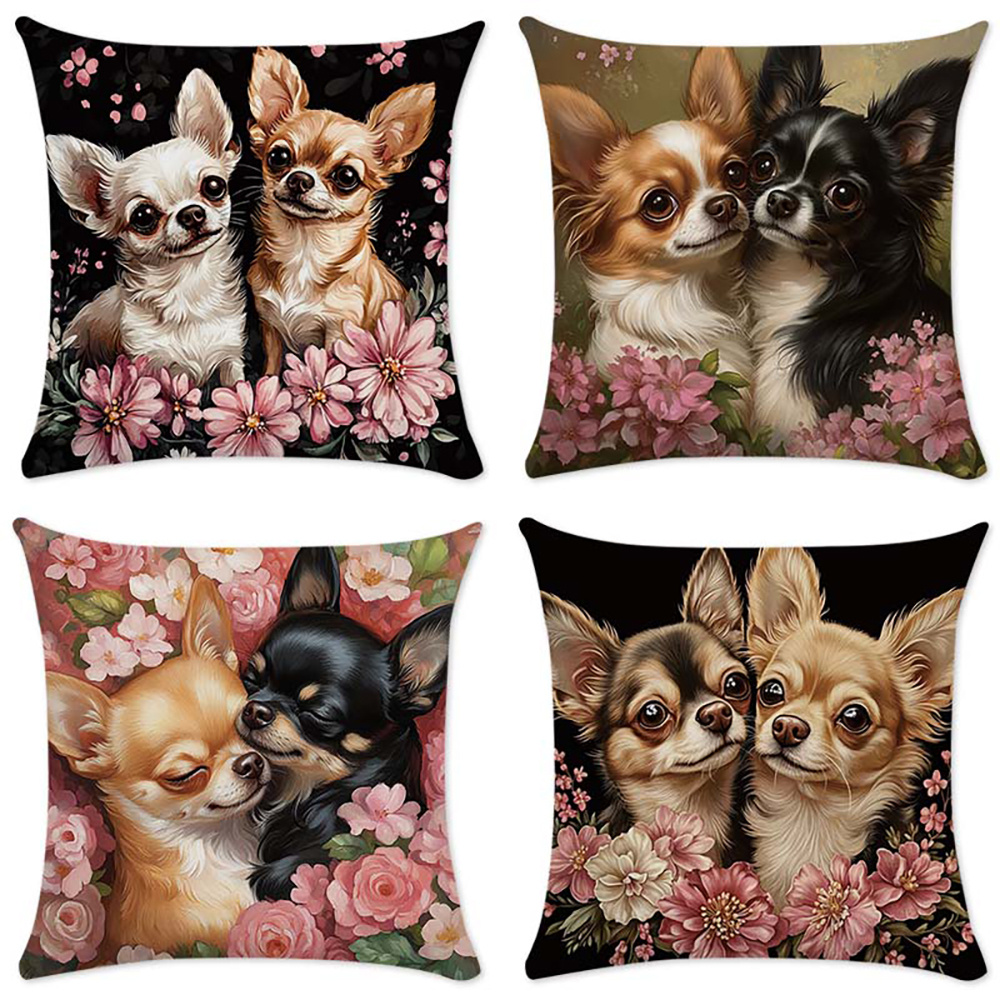 

4pcs Floral Chihuahua Print Throw Pillow Covers, Contemporary Style, Polyester, Zip Closure, Machine Washable, Decorative Cushion Cases For Sofa And Home Decor, 17.7x17.7 Inches