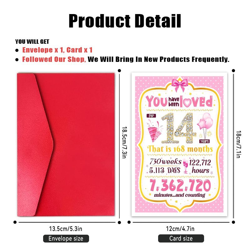 TEMU Sweet Pink 14th Birthday Card 1pc, 14th Birthday Card, Birthday Gift For Sister Daughter Granddaughter Niece, Birthday Decorations