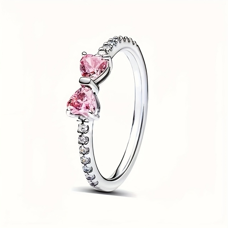 E-shop Exquisiter Ring mit rosa synthetischem Zirkonia-Herz-Einlegearbeiten, eleganter Schleifen-Verlobungsring für Damen, Heiratsantrag, Ehering,