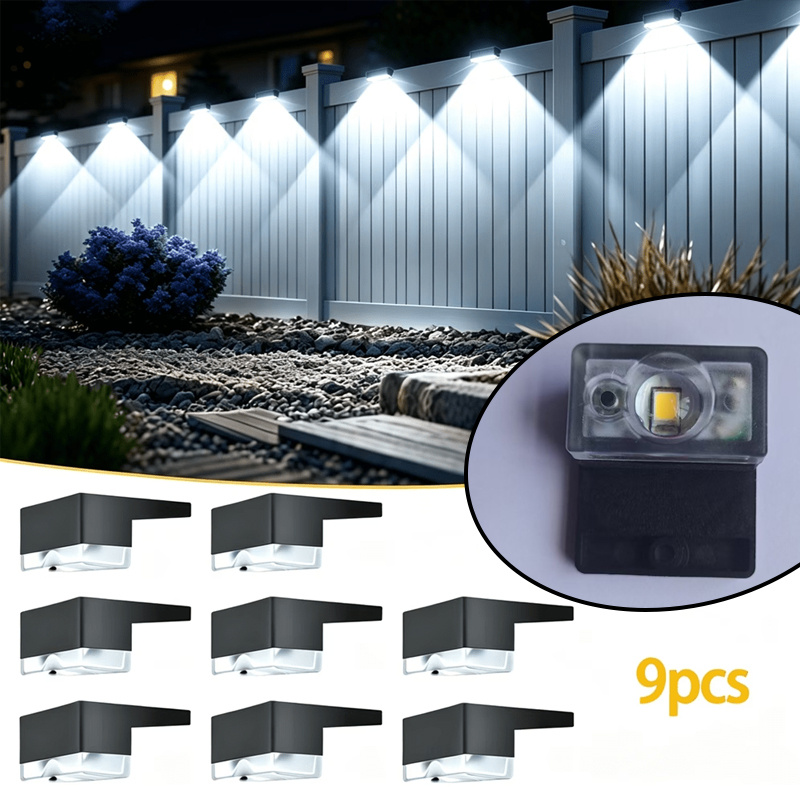 TEMU 9pcs Set New Mini Outdoor Solar Fence Lights, Solar Step Rail Lights, Wireless Installation, Suitable For Wall Fences, Courtyards, Staircases,