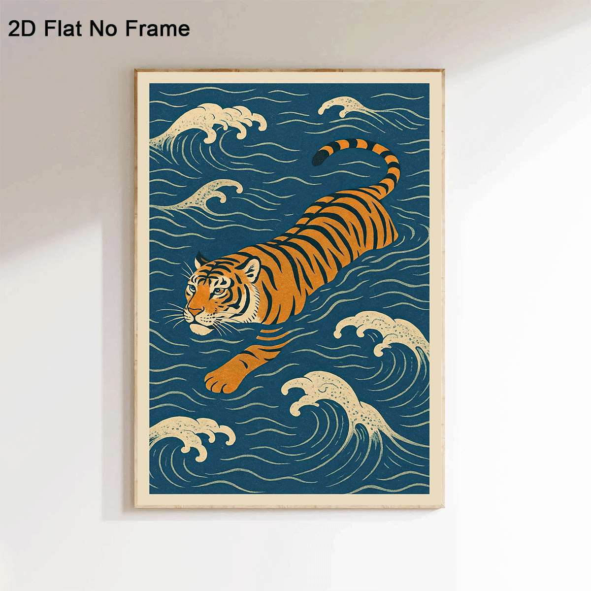 TEMU 2d Flat, 2d Flat, 1pc Frameless Canvas Artwork Featuring A Vintage-style Illustration Of A Tiger Swimming In Ocean Waves, Decorating Walls In