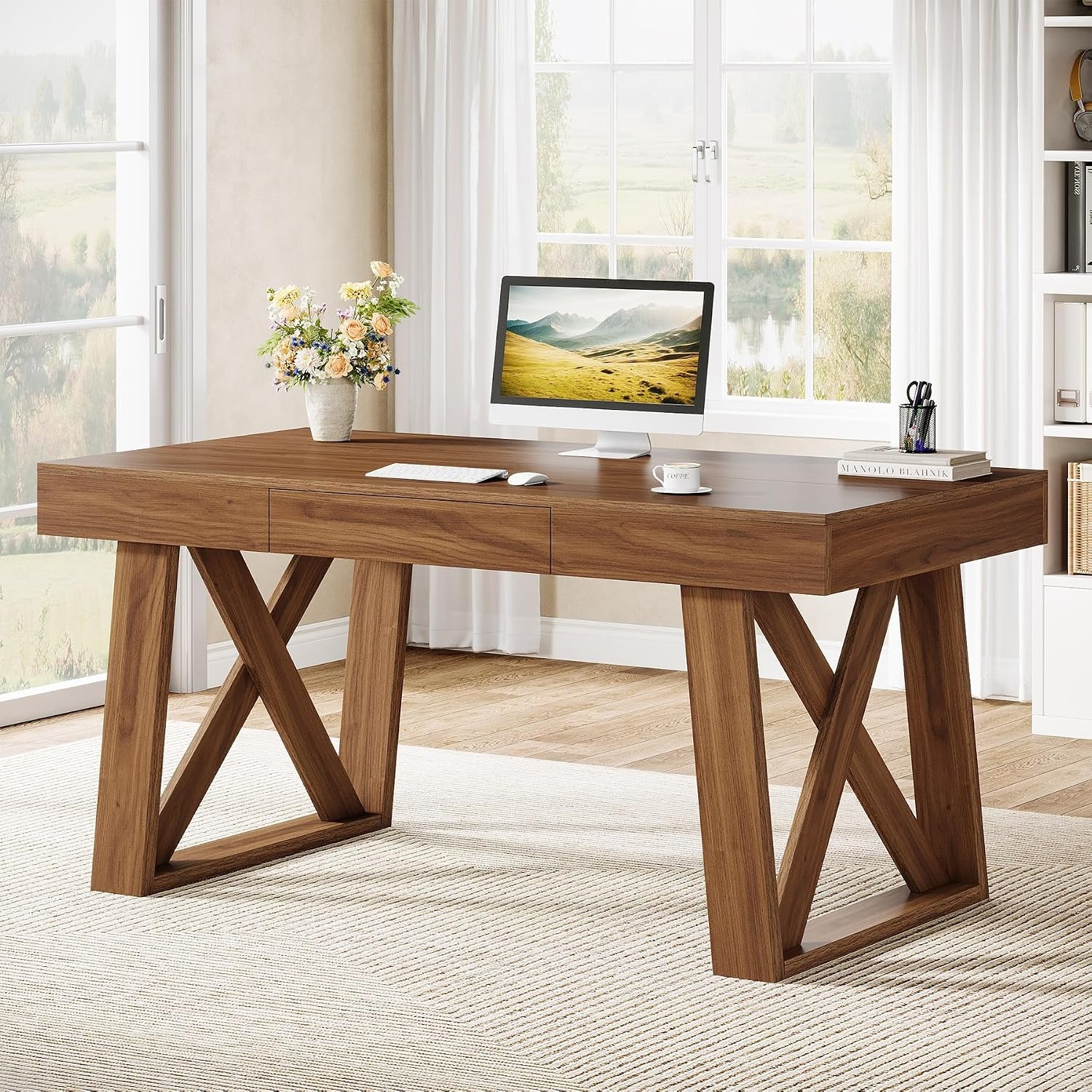 55-inch Computer Desk With Drawer, Retro Walnut Office Desk, Modern Writing Desk Workstation Table For Home