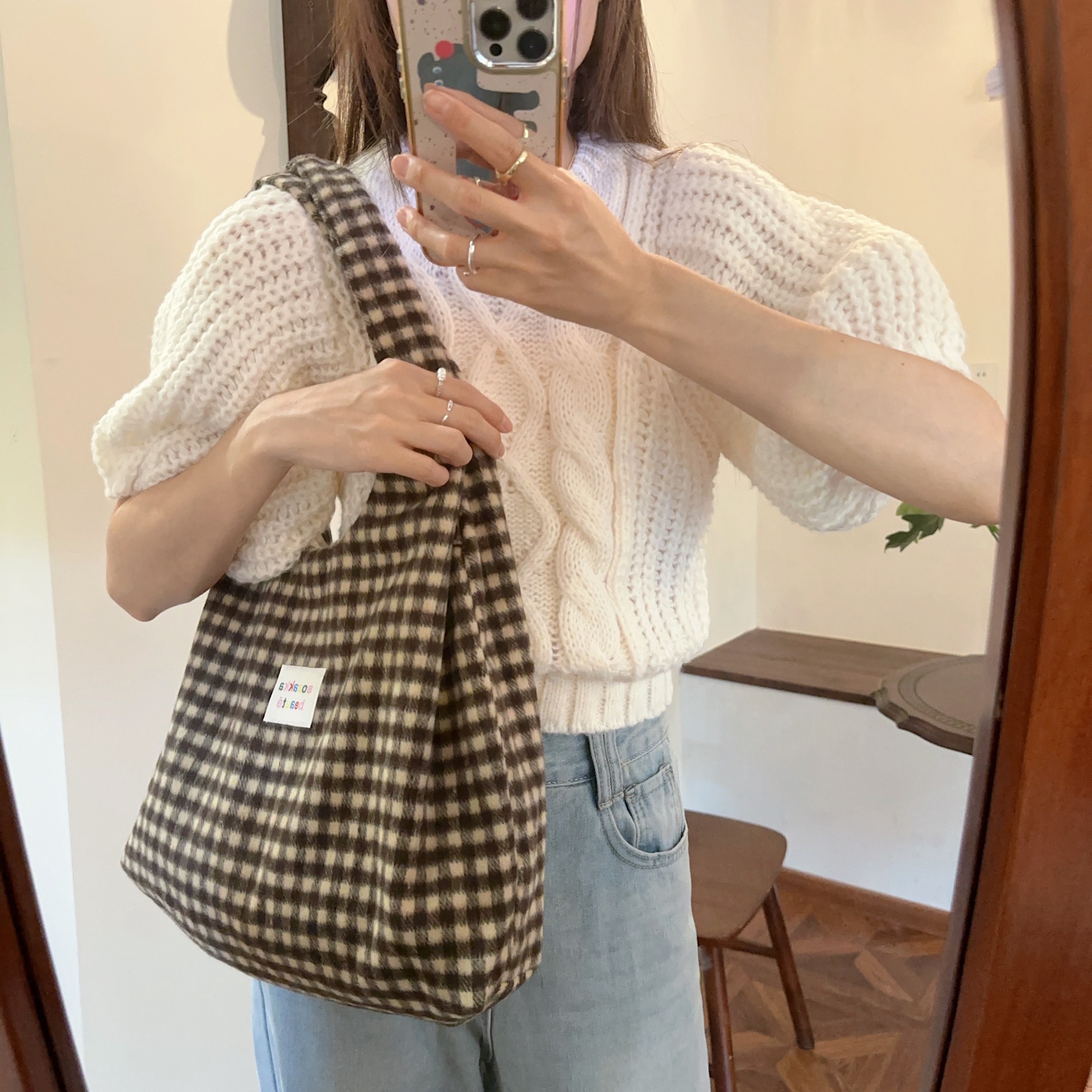 Pink Gingham Hobo Tote Bag Large Capacity Casual Shoulder Purse_voghion.com