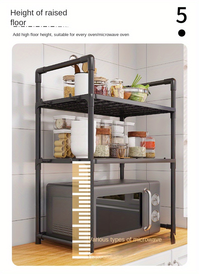 1  functional expandable microwave stand heavy duty 3 tier adjustable   with 8 hooks space saving kitchen organizer for   room types no electricity needed tiered shelf storage solution black details 8