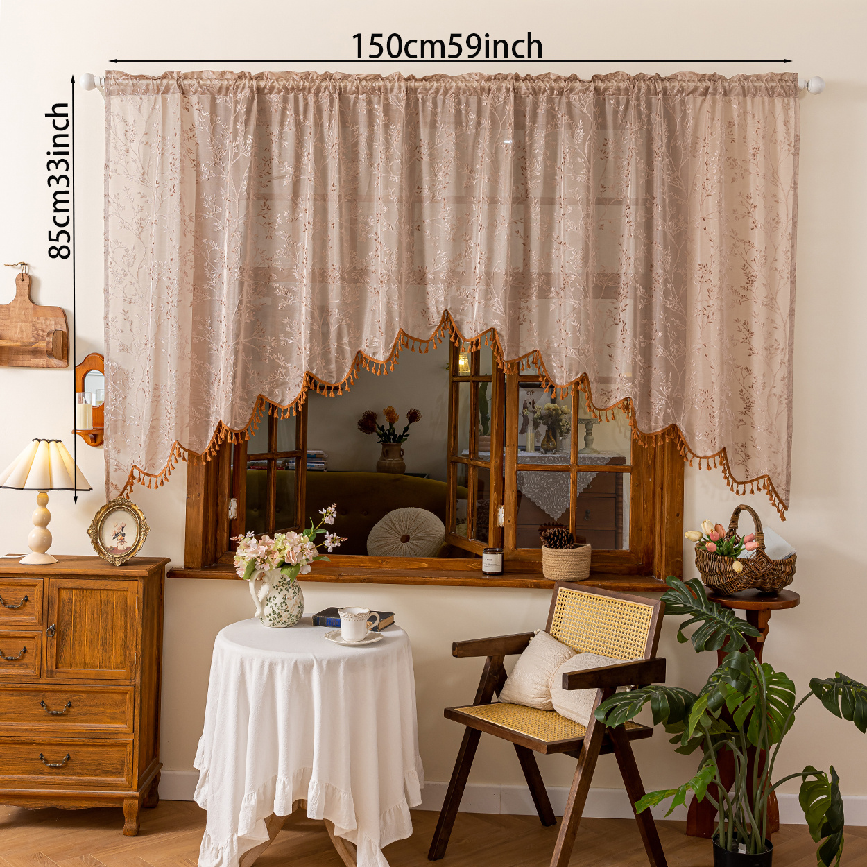 TEMU 1pc European Country Jacquard Semi-transparent Arched Curtain With Branch Pattern And Bottom Fringe Trim, Rod Pocket Hanging, Simple And