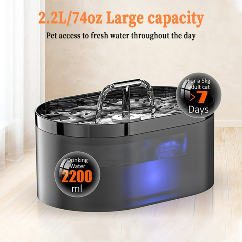 74oz/ 2.2L Automatic Pet Water Fountain, T-Tap Design with LED Light, Ultra-Quiet USB-Powered Cat & Dog Water Dispenser for Multiple Pets, Transparent Window & Sleek Black, Multiple Pet Waterer | Sleek Pet Fountain | Water Fountain for Cats