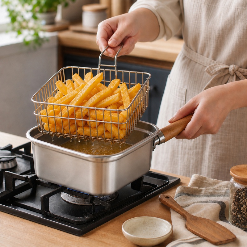 TEMU Ensemble de 2 pièces (1 friteuse et 1 panier) Friteuse en acier inoxydable avec panier filtrant à huile, friteuse carrée avec poignée résistante