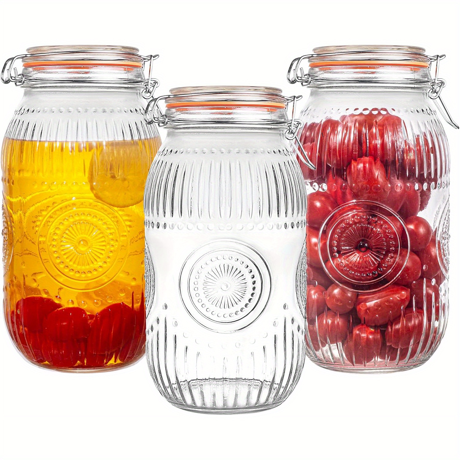 E-shop 3er-Set Vintage Mason Jars mit breiter Öffnung und luftdichten Klappdeckeln - Robuste 64Oz/2 Quart Behälter, Vorratskasten-Glasflaschen für
