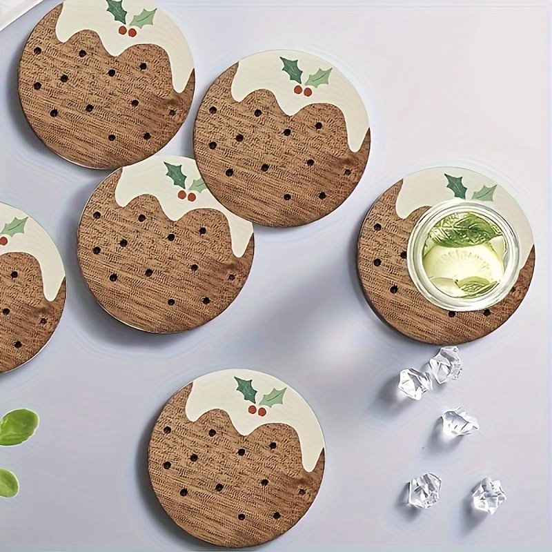 TEMU 6pcs Christmas Pudding Wooden Coasters | Decorative Wooden Coasters For Home, Office, Cafe, Tea Room