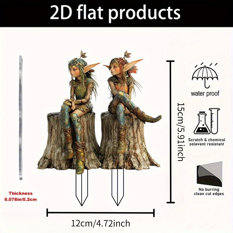 TEMU Décoration d'extérieur 2D plate, elfe sur une souche d'arbre - Ornement de jardin 2D en acrylique avec figurine mignonne, contemporain, convient