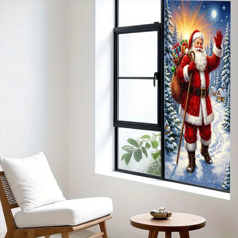 TEMU 2d Flat, 1pc Of 2d Flat Glass Window Film, Window Decal, In Multiple Sizes, Christmas Theme, Santa Claus Waving A Wand And Holding A Gift Bag On