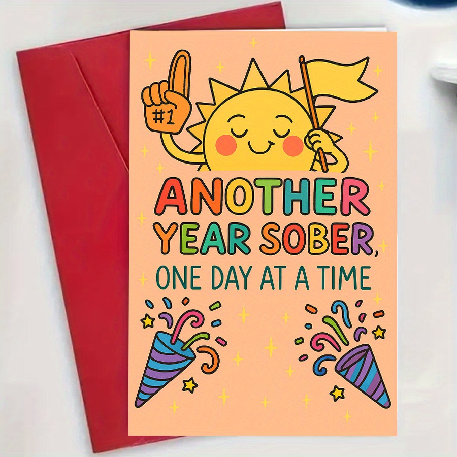 TEMU 1pc Sobriety Anniversary Card, Suitable For Or Relatives - Inspirational Recovery Celebration Gift With Envelope, Vibrant Cartoon Design,