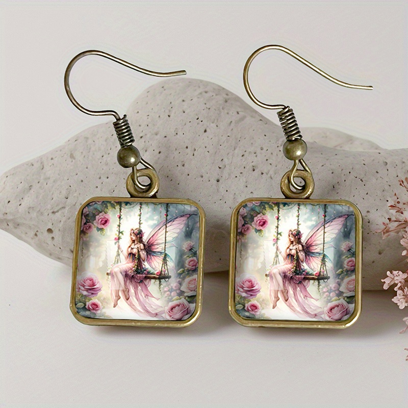 TEMU A Pair Of Vintage Glass Drop Earrings Featuring Pink Rose Fairies, Handmade Jewelry Gift, Without Battery