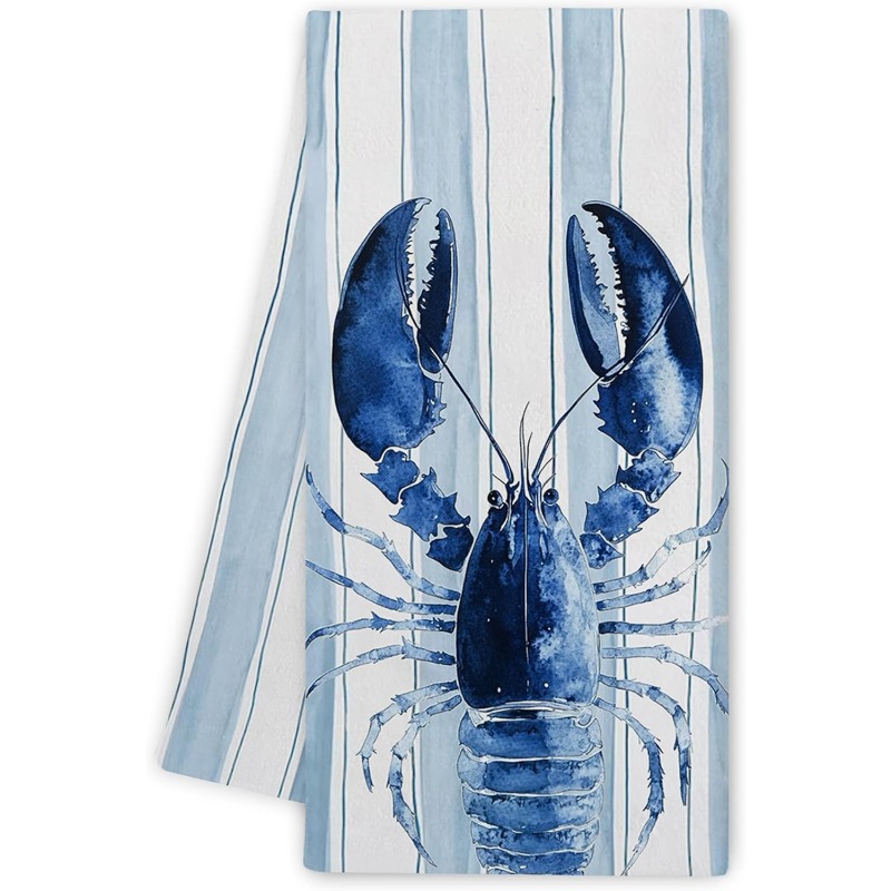TEMU 1pc 18x26 Inches Coastal Lobster Kitchen Towels, Crawfish Ocean Nautical Bathroom Decor, Lobster Gifts For Women, Blue Lake House Hand Dish