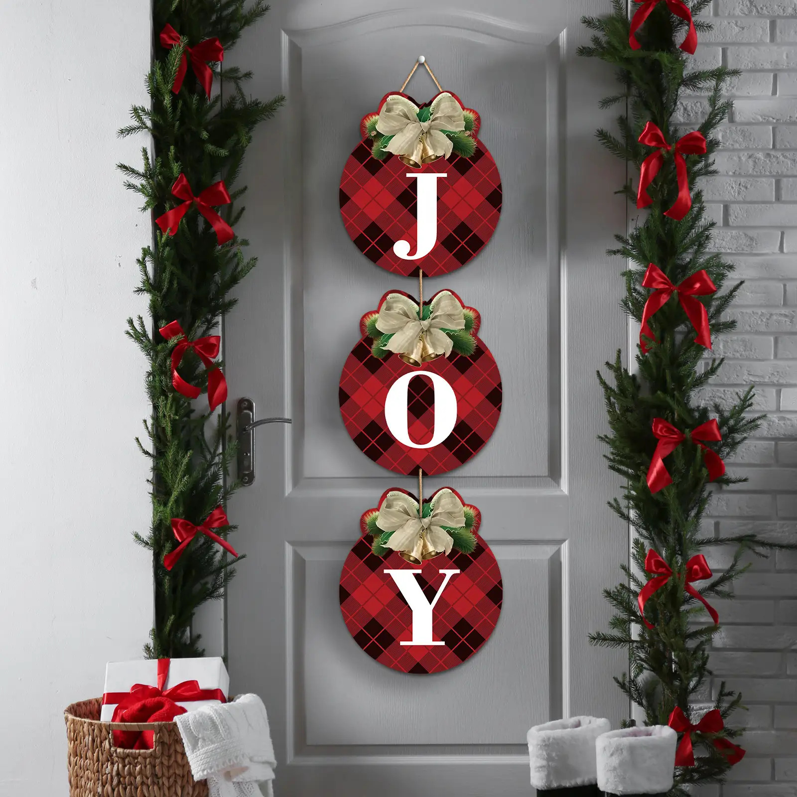 TEMU 3pcs Wooden Christmas Wreath Set - Suitable For Front Door Decoration, Featuring "joy" Slogan, Indoor And Outdoor Use, Includes Garage Door And