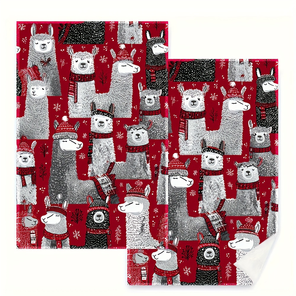 TEMU Jit2pcs Oversized Kitchen Towels - Fun Alpaca Christmas Design With Red And White Alpaca Patterns, Dish Cloths, Tea Towels - Red, Black, And
