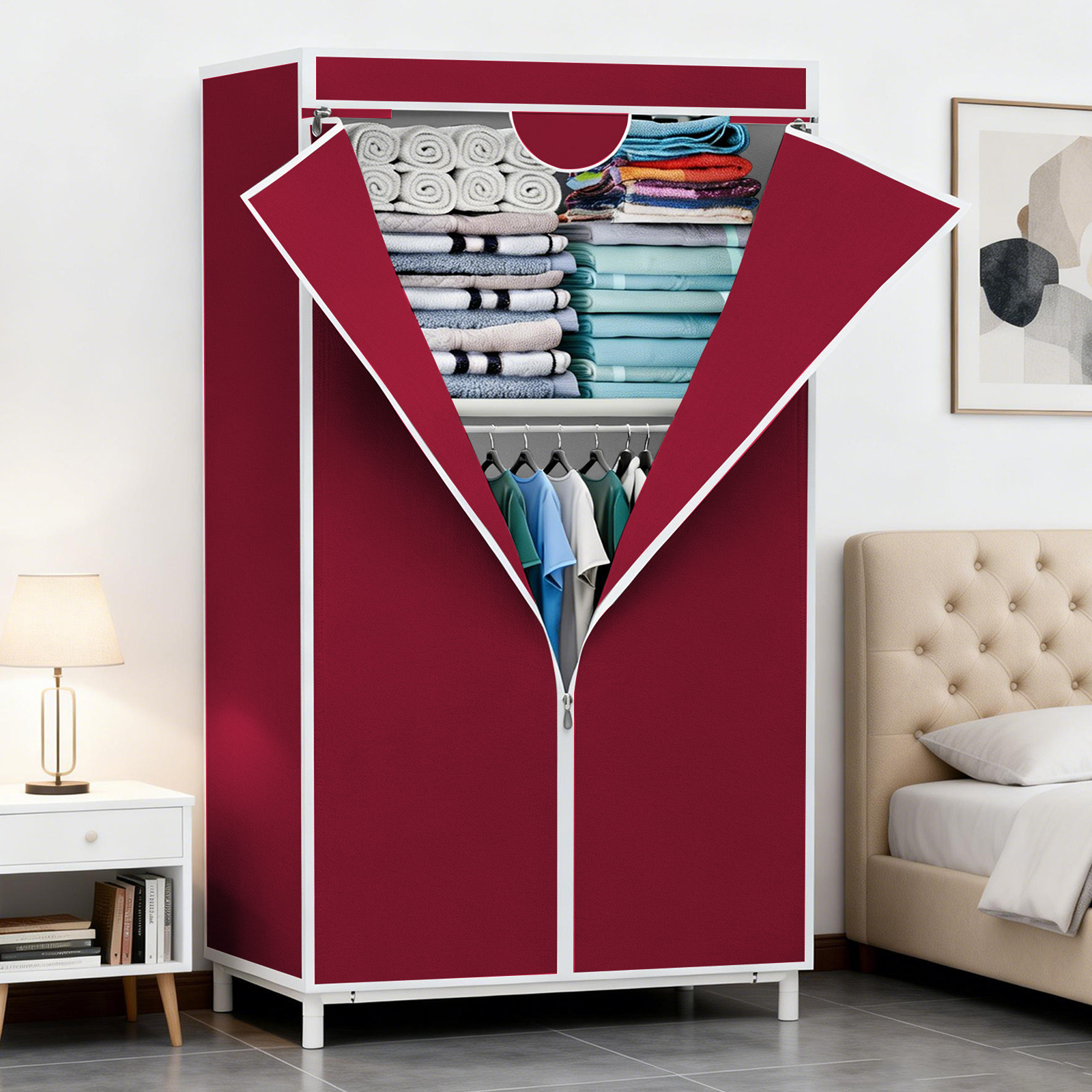 Image of Portable Durable Wardrobe 27.56"×17.72"×59.06", T-zipper Design With Hanging & Folding Sections, Ideal For Bedroom, Apartment, Dorm & Rental Home, Portable Closets