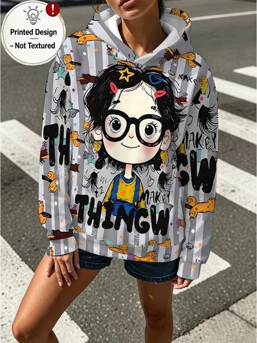 item picture new womens flat print pullover hoodie womens fashion hooded top cartoon whimsical design suitable for daily vacation wear printed design not textured