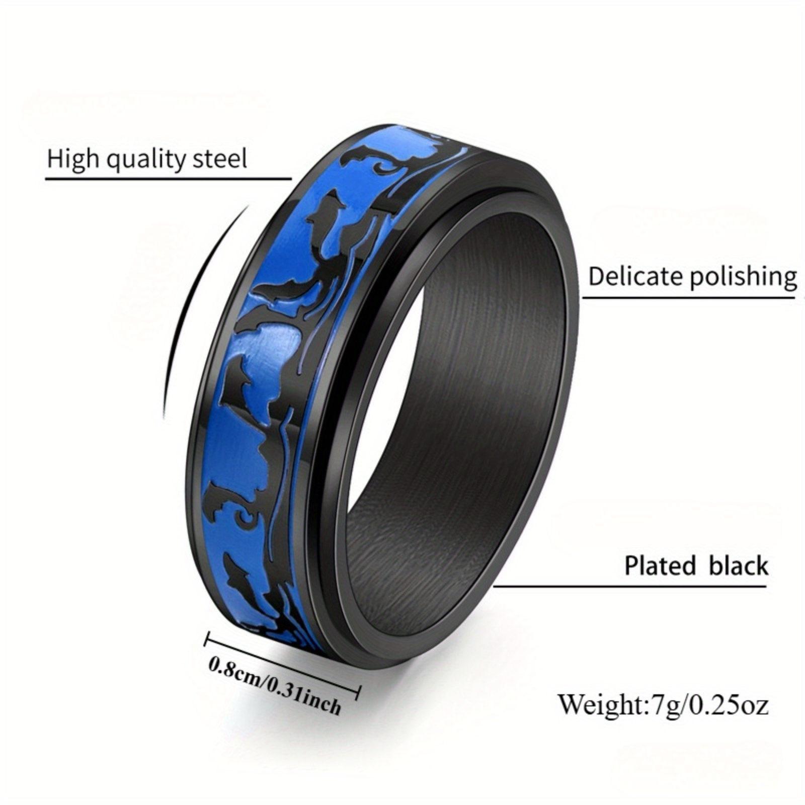 mens stainless steel rotatable ring with ocean   elegant blue and black ideal for daily wear or parties dolphin decor Product details 1