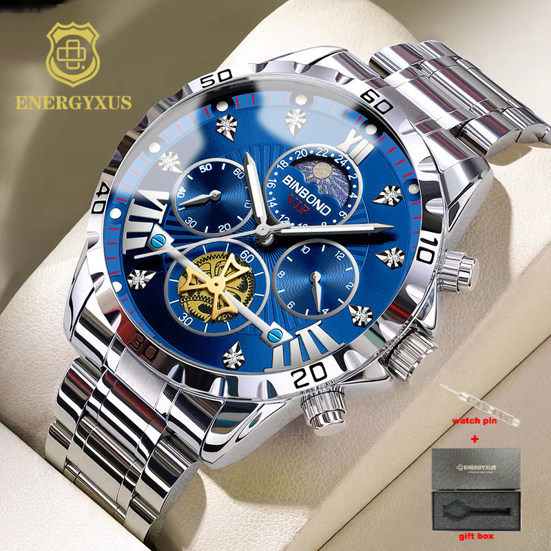TEMU Energyxus Watch Set Trendy Fashion Men's Watches Original Brand Wristwatch For Man Flywheel Chronograph Moon Phase With Gift Box And Watch Pin,