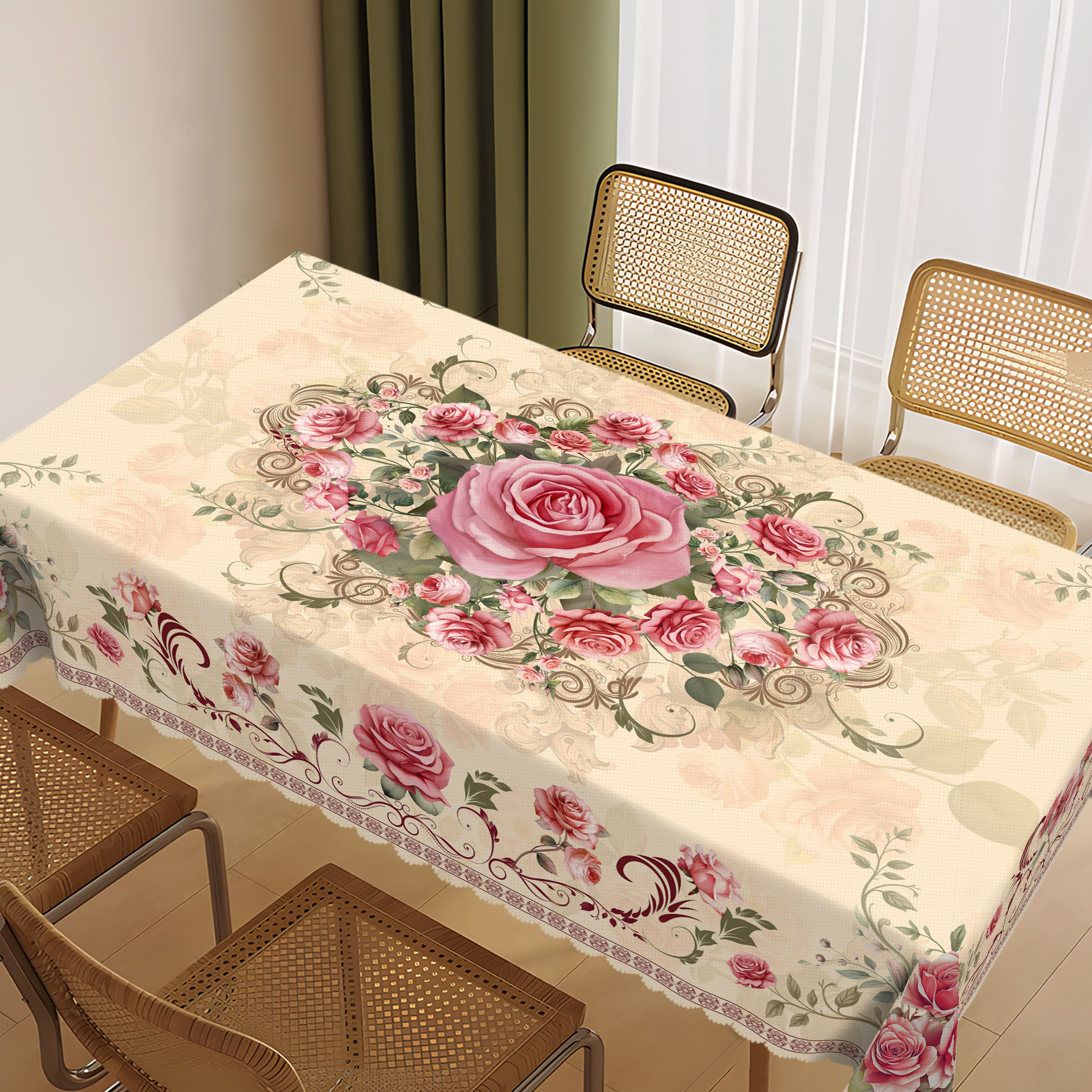 Nappe vintage brodée à la main avec 12 serviettes : lin floral - France