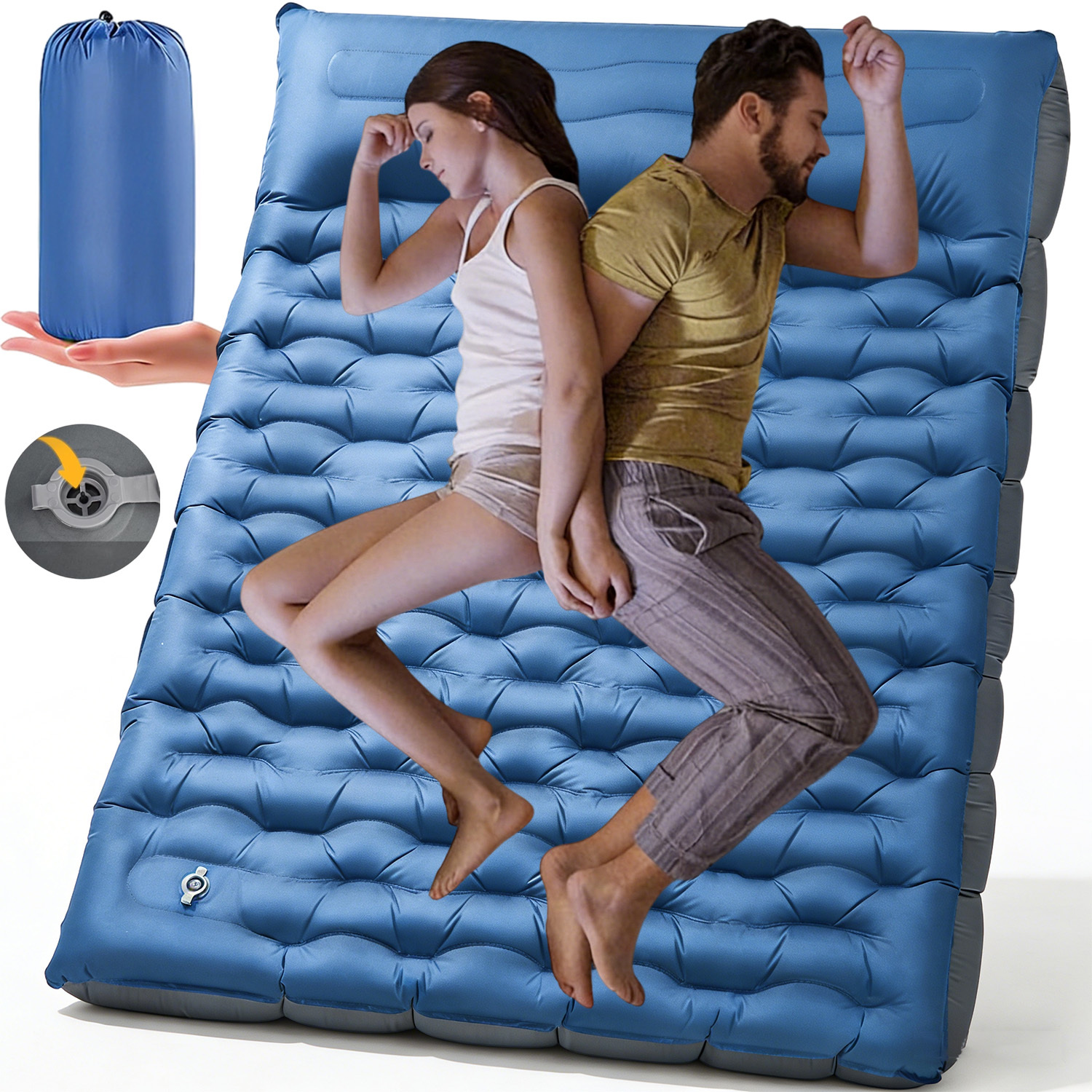 Image of Double Camping Sleeping Pad, Ultralight Camping Mat With Pillow Built-in Foot Pump Inflatable Sleeping Pads Compact For Backpacking Hiking Traveling Tent