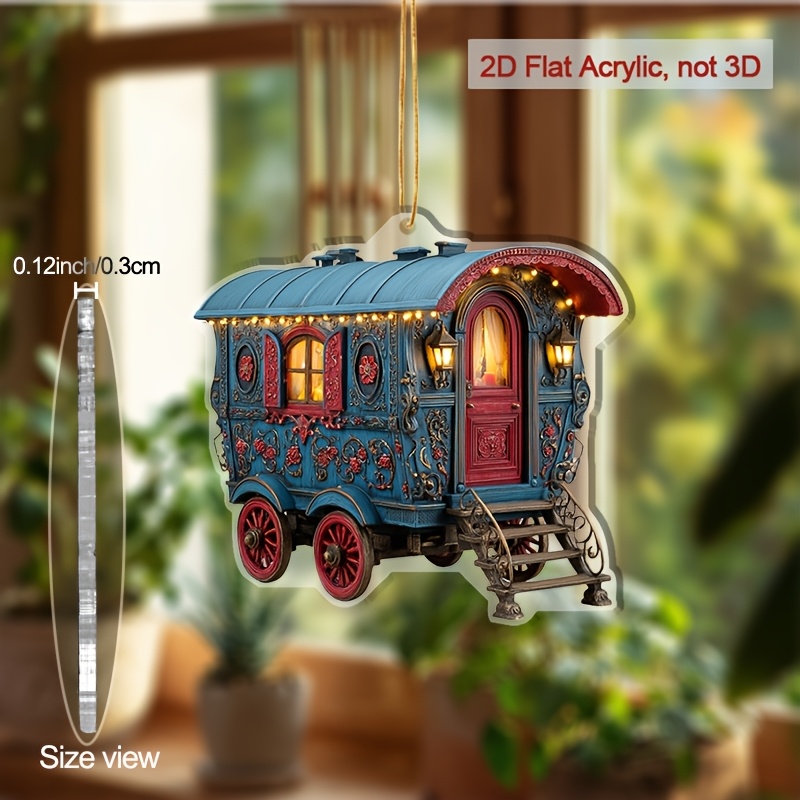 TEMU 2D Plat, . Vintage Zigeuner Caravan Acryl Hangende Decoratie, Vintage Wagen Huisdecoratie Hanger, Geschikt voor Auto Interieur Decoratie, Rugzak
