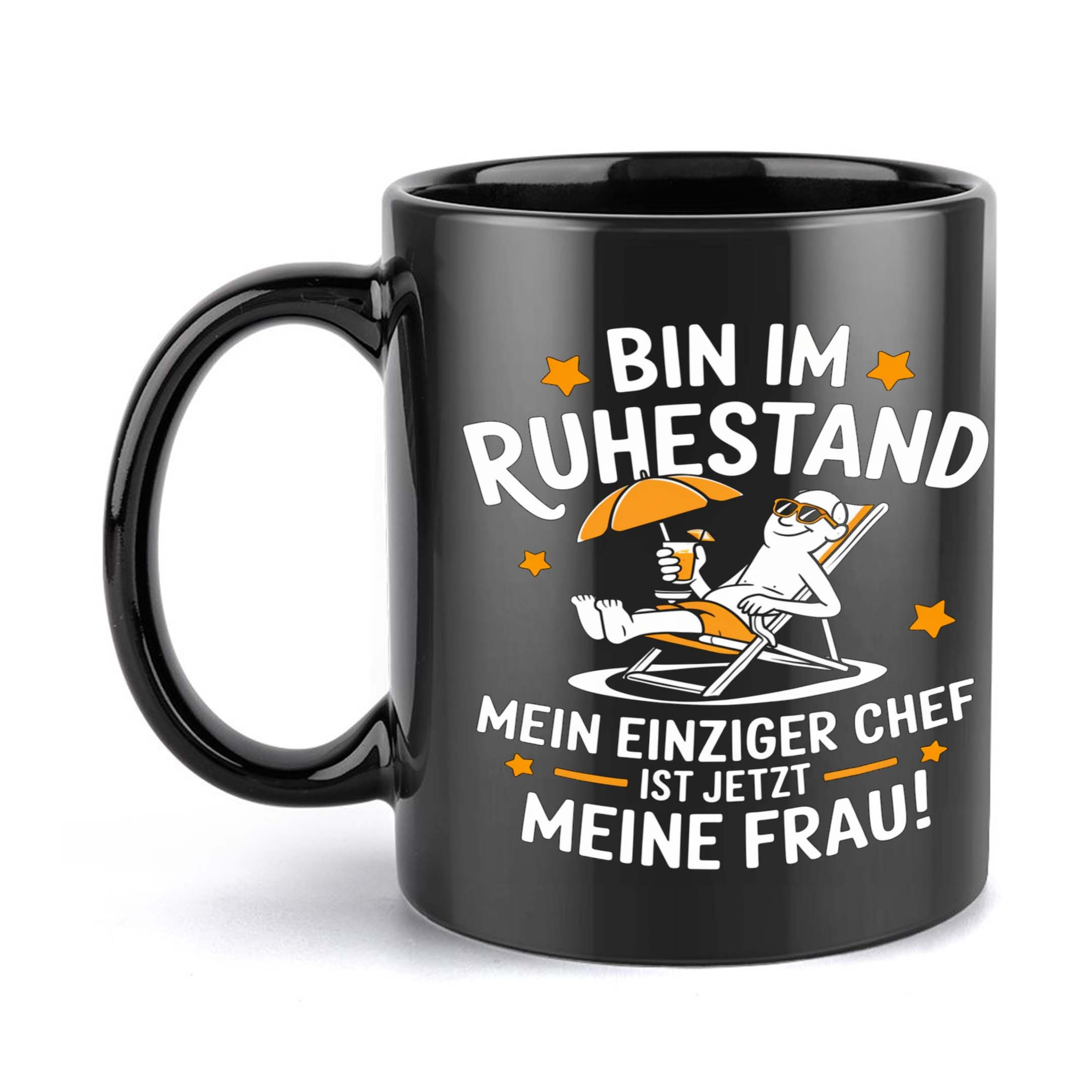 1pc 11oz Ceramic Mug - Design With German Quote & Cartoon Art, Black Coffee Cup With White & Orange Graphics, Humorous Retirement, Birthday, Holiday, Party Favor, Holiday Item | Design | Contrast