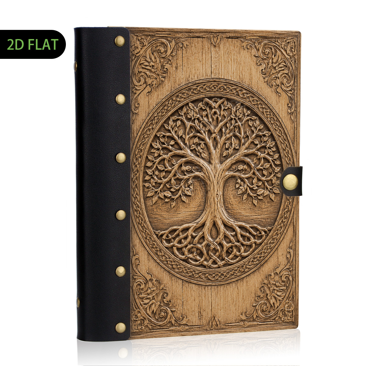 TEMU 1pc Cahier Relié en Cuir Bois Arbre Nœud , 100 Pages Rechargeables à Feuilles Libres, Coque Rigide Plate 2D, Rivets Métalliques, Papier