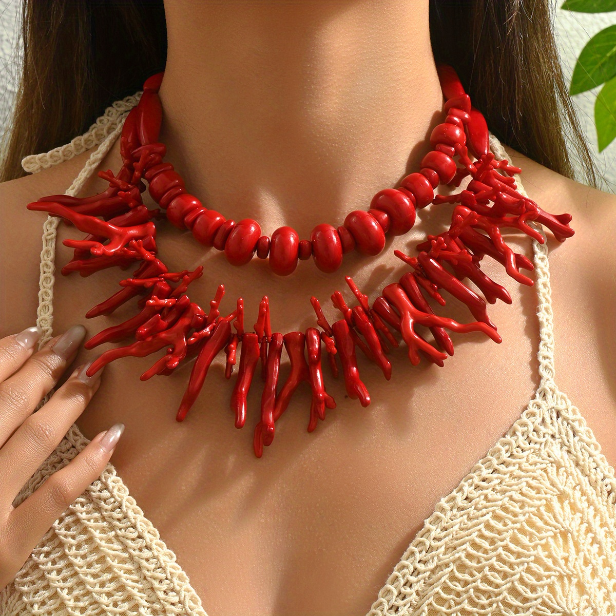 Image of Fashion Women's Necklace All-match Coral Design Long Clavicle Chain, Geometric Jewelry 2pcs Set