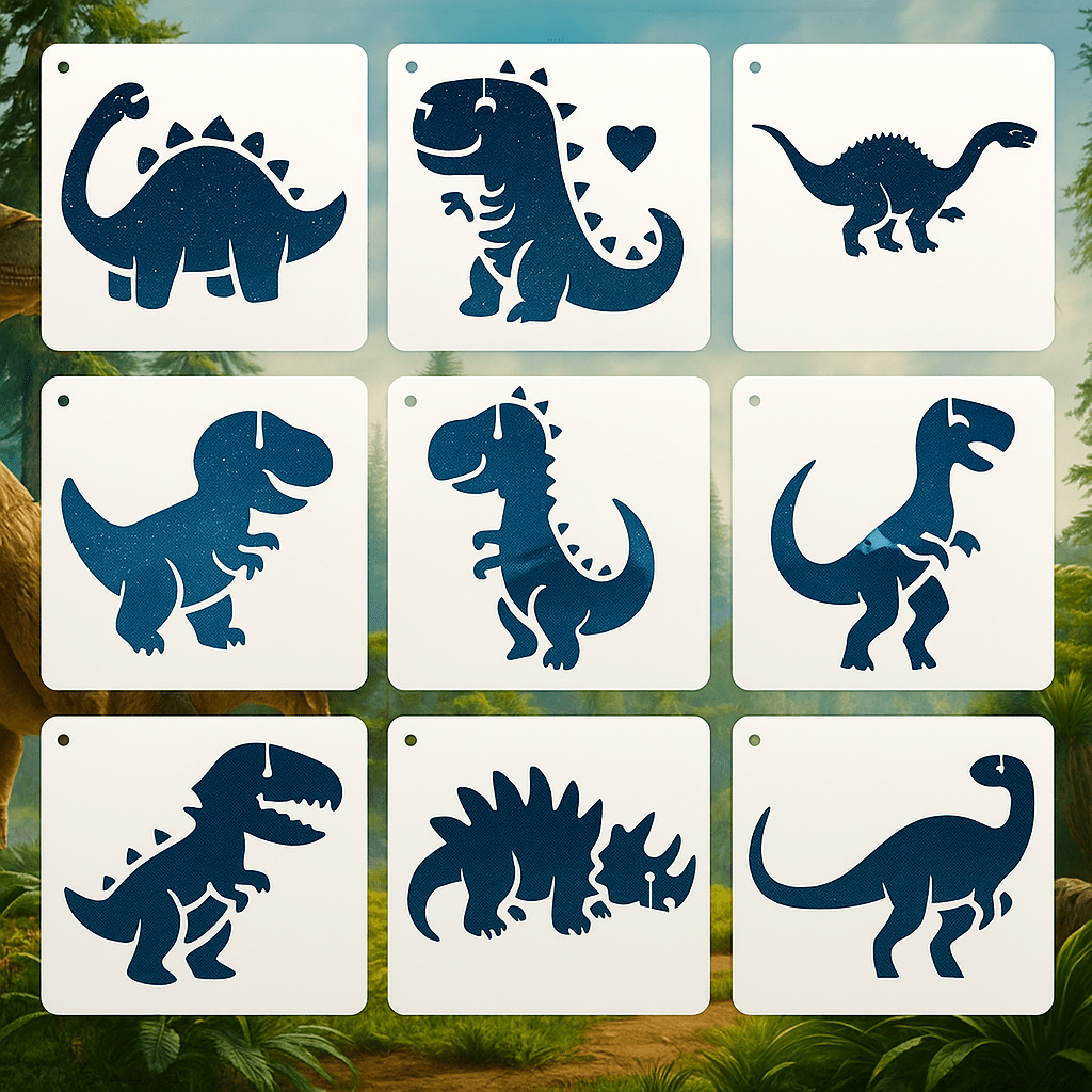TEMU Lot de 9 pochoirs dinosaures - Pochoirs réutilisables et Brontosaure pour murs, tissu, peinture sur toile, activités manuelles, art DIY avec de