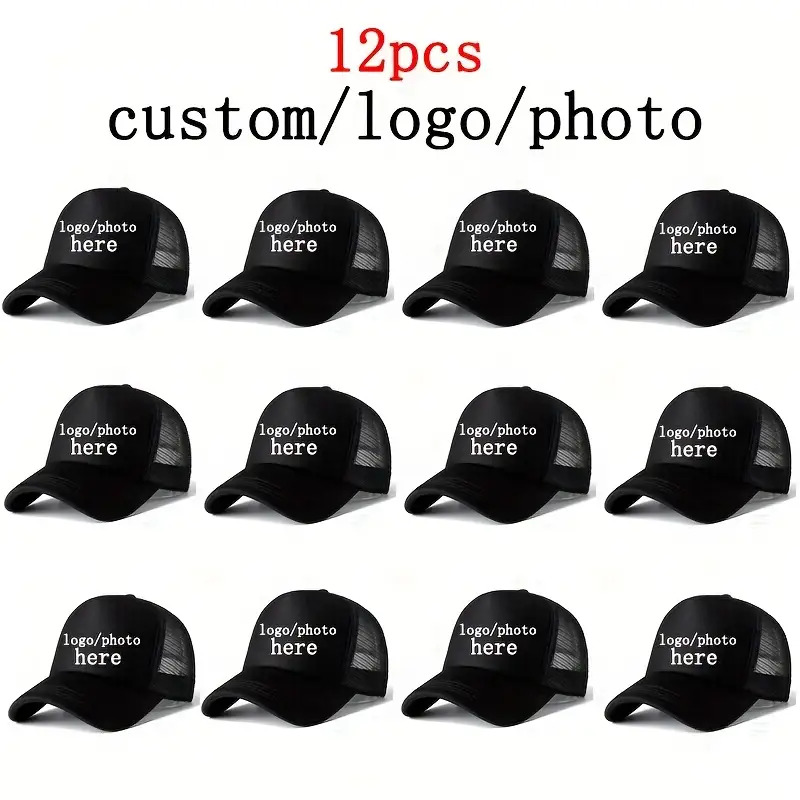 TEMU 6/10/12pcs Customizable Mesh Trucker Hat- Breathable Polyester Baseball , Unisex, Multiple Colors, With Personalized Text Area, Casual Headwear|