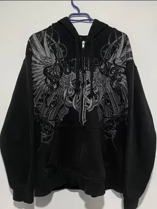 y2k zip up hoodie red vintage pattern street style jacket gothic skull wing print full zip sweatshirt suitable for autumn and winter unisex hip hop vintage style hoodie suitable for teenagers men and women couples