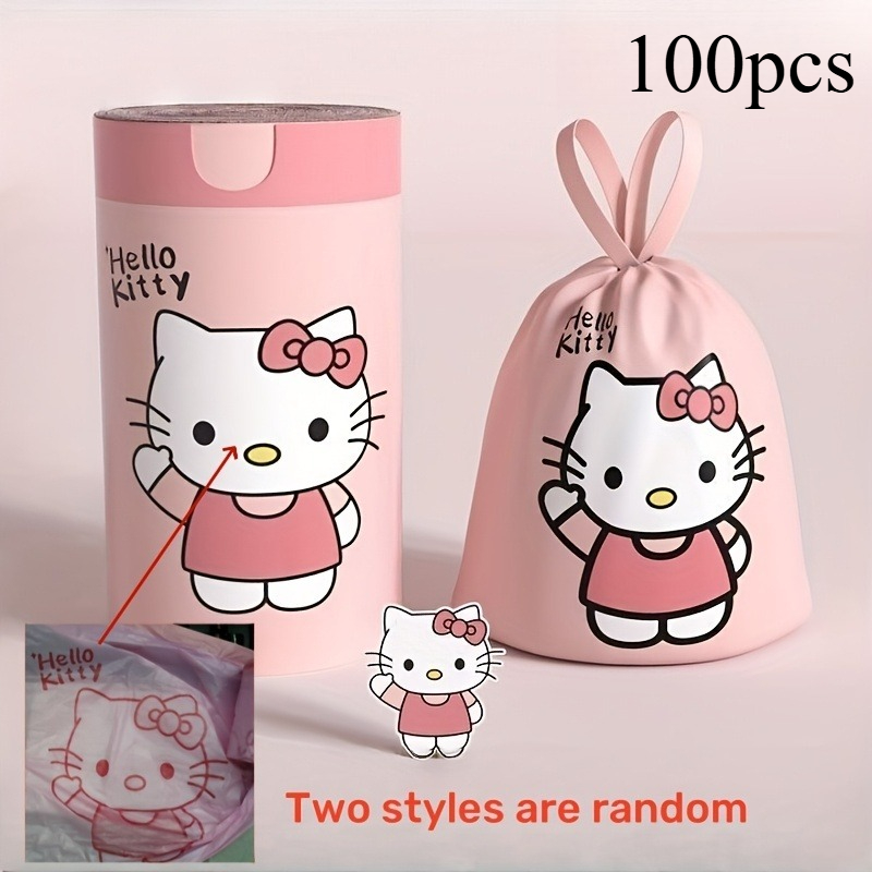 100pcs Hello Kitty Large Capacity Disposable Plastic Garbage Bags - Cute Pink Portable Drawstring Garbage Bags, Random Stylesuitable For Storage In Cars, Kitchen, Bathroom, And Bedroom