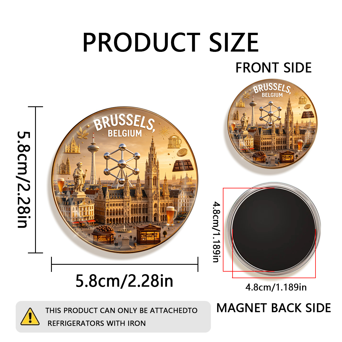 TEMU 1pc 2d Flat Brussels, Belgium Durable Round Fridge Magnet, Suitable For To Refrigerators, Whiteboards, Handicrafts, Photos, Stickers, Postcards,