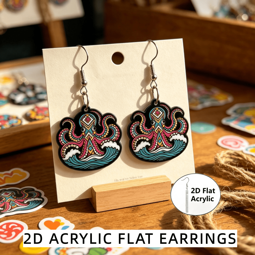 2D Flat Vibrant Ethnic Tribal Printed Octopus Dangle Earrings